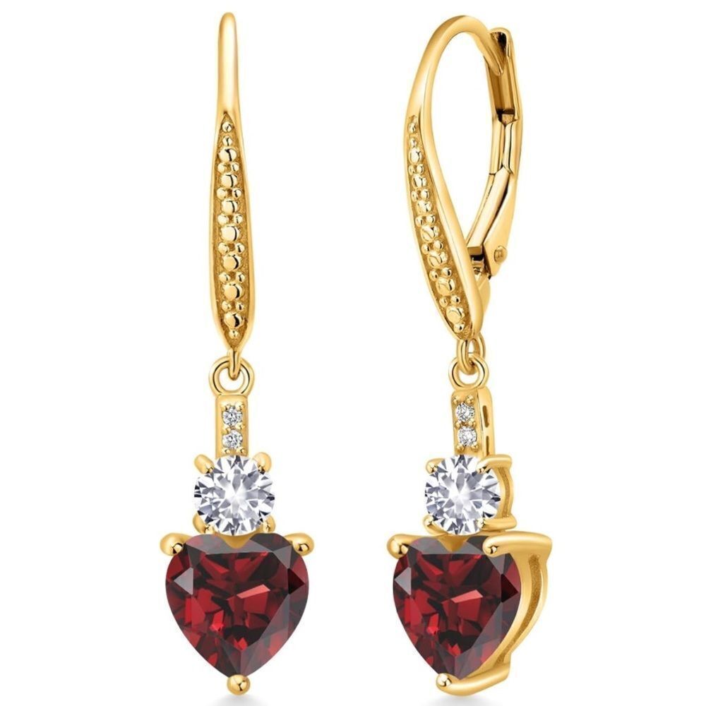 18K Yellow Gold with 3.13Cttw Garnet and White Sapphire Heart Leverback Earrings